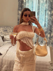 Lunivop  See Through Two-Piece Set Scarf Mini Wrap Top Mesh Irregular Hem+Multi-Pleated Skirt Beach Party Matching Pretty Suits