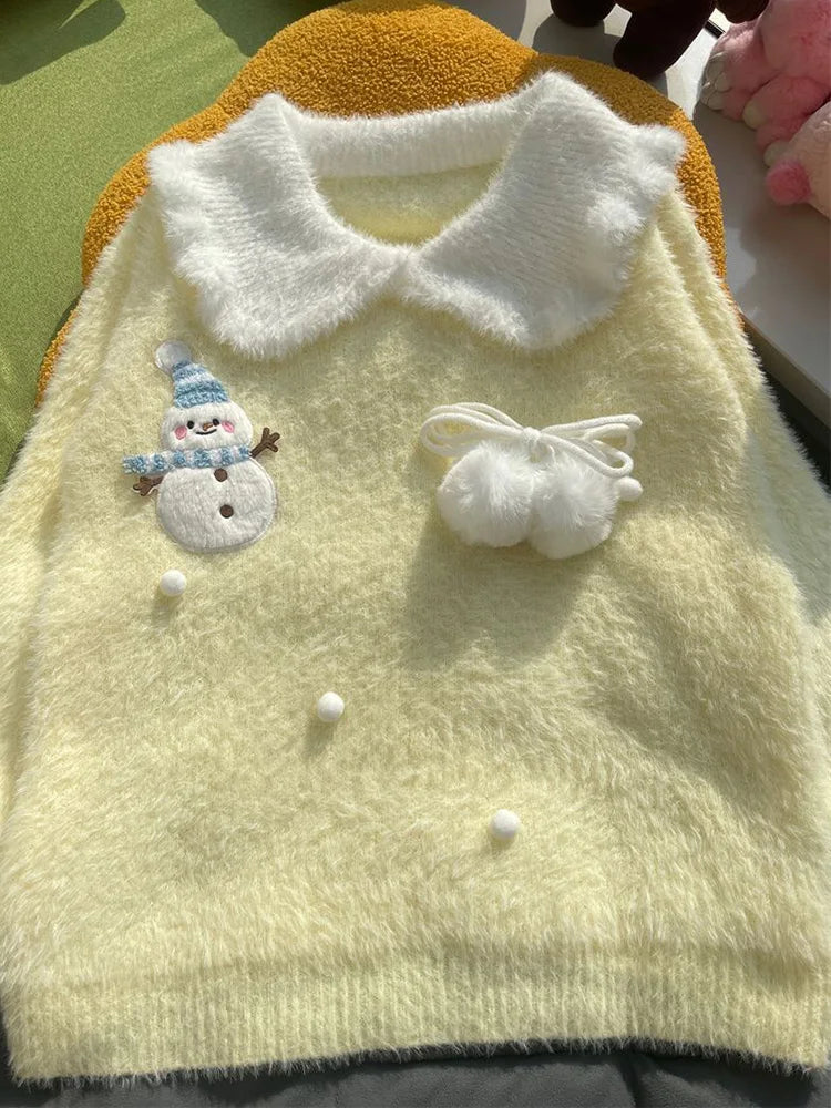 Lunivop Sweet Faux Mink Cashmere Sweaters Women Kawaii Snowmen Long Sleeve Knitted Pullover Casual Cute Preppy Style Chic Loose Jumpers
