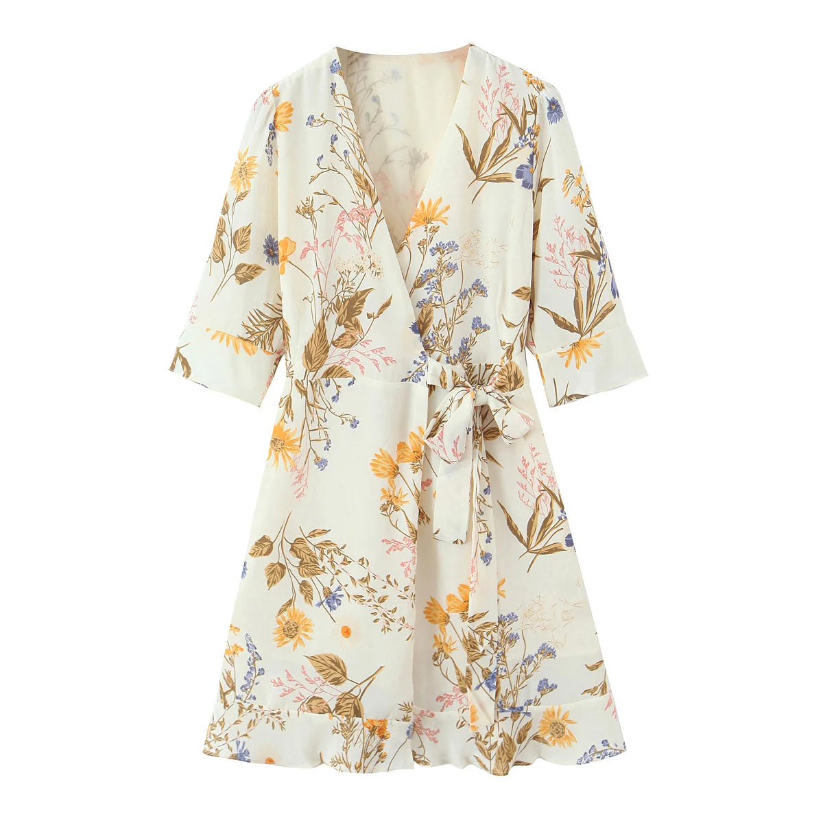 Lunivop  New Women Floral Print Casual Summer Wrap Dress Cross V Neck A-line Short Robe French Style Holiday Dresses