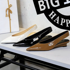 Lunivop  Women New Glossy Leather Slingback Pumps Lady Vintage Brown 3cm High Heels Sandals Female Wedges Daily Office Casual Shoes