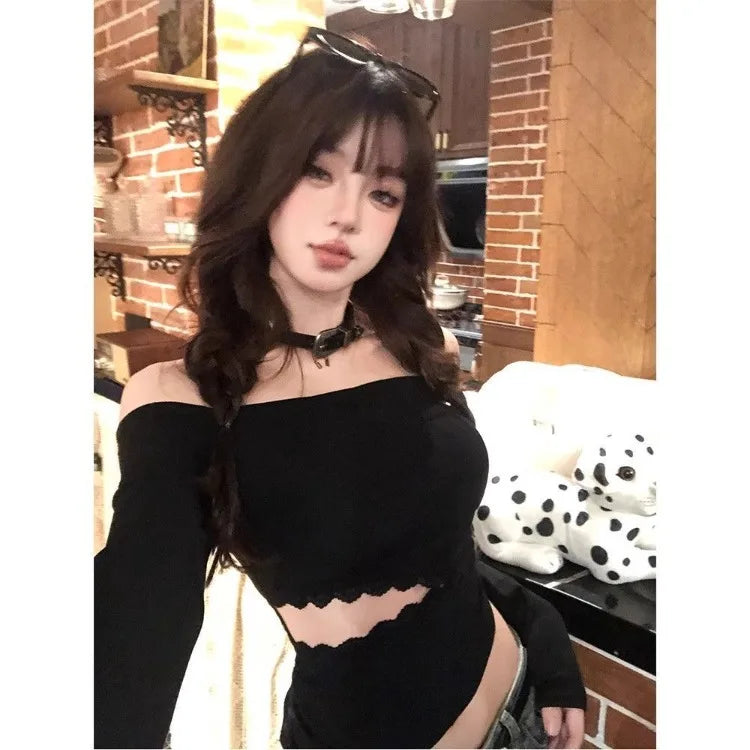 Lunivop  Off Shoulder Long Sleeve All-match Tee Shirt Y2k Slim Waist Hollow Out T-shirt Spring Autumn New Slim Fit Top for Women
