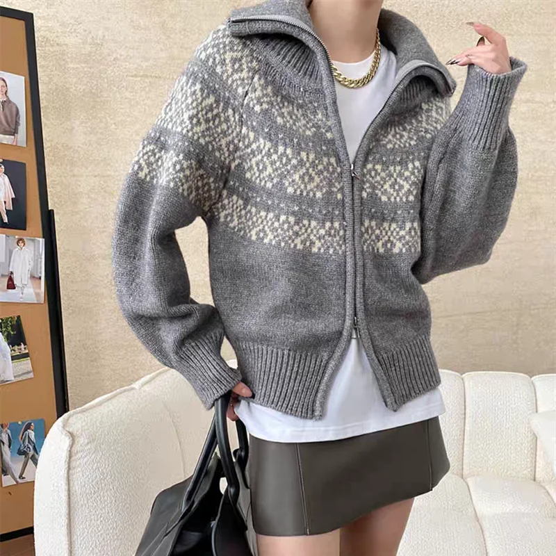 Lunivop Women Fair Isle Sweater Zipper Front Collared Zip-up Sweater Knit Jacket Cozy Knitwear Teen-girl Fall Winter Vintage Outfit