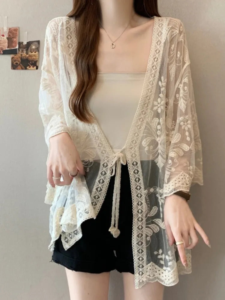 Lunivop Fashion Lace Sun Protection T Shirt Women's V Neck Long Sleeve Open Stitch Tops 2025 Summer New Tide