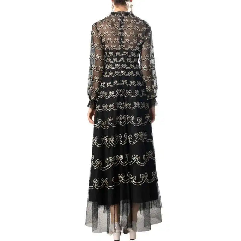 Lunivop Fashion Women's Elegant Dresses Sequins Embroidery Long Sleeve Princess Mesh Dress 2025 Spring New Female Clothing