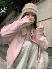 Lunivop Pink Faux Suede Jacket Women Sweet Long Sleeve Vintage Streetwear Baseball Coat Fall Casual Retro American Y2K Lady Outwear
