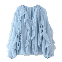 Lunivop  5 colors Fashion Cascaded ruffles V neck Open buttons Lantern Sleeve Shirt Women Loose Chiffon Blouse Tops