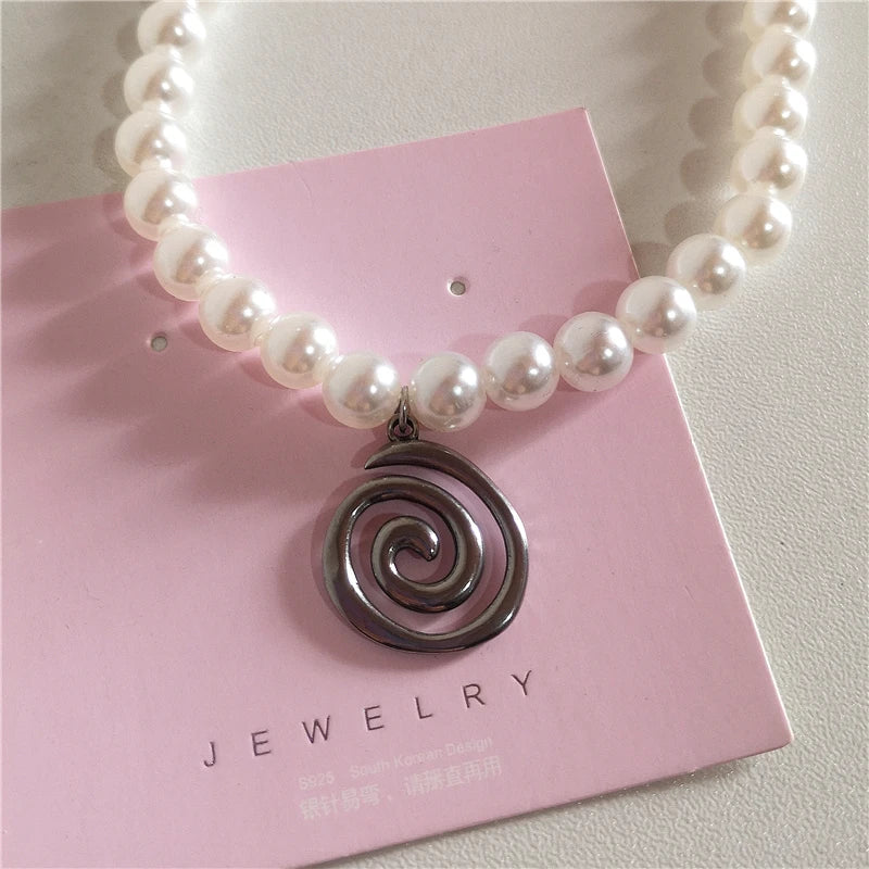 Lunivop Kpop Goth Vintage Y2K Bowknot Spiral Vortex  Pendant Pearl Beaded Chain Necklace For Women Grunge EMO Jewely Aesthetic Accessory