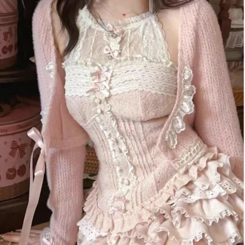 Lunivop  Mesh Patchwork Bow Slim Fit Sleeveless Vest Top for Women+ Fashion Sweet Ruched Cake Skirts 2025 Summer New Two Piece Sets