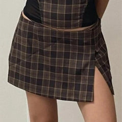 Lunivop  Summer Coffee Plaid Front Slit Low Waist Mini Skirt Women Side Zipper A line Short Skater Party Femme
