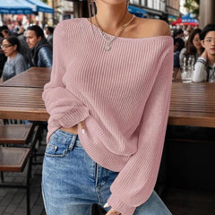 Lunivop  Women's Winter Clothing Off Shoulder Loose Fit Long Sleeve Solid Color Ribbed Crew Neck Sweater Women's Cheap Clothing Free