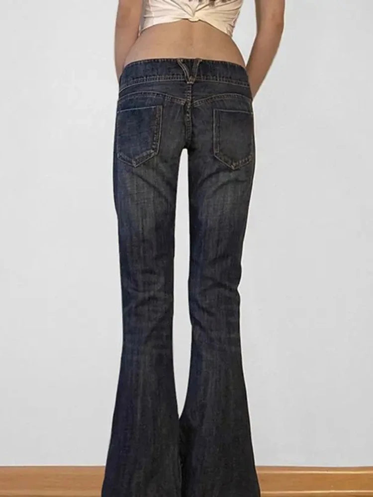 Lunivop Vintage Washed Basic Women Flared Jeans Low Waist American Style Slim Denim Pants Button-up Trousers Casual Aesthetic