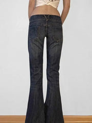 Lunivop Vintage Washed Basic Women Flared Jeans Low Waist American Style Slim Denim Pants Button-up Trousers Casual Aesthetic