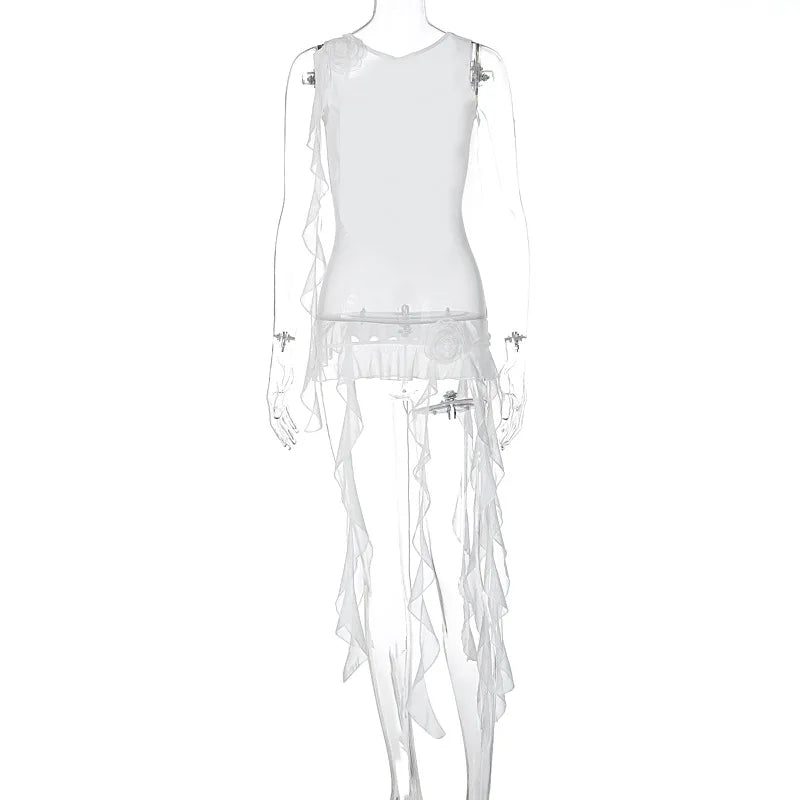 Lunivop Mesh See Through Backless Sleeveless Floral Pattern Long Tassel Women'S Top T Shirt Summer Casual Y2K Streetwear Clothes