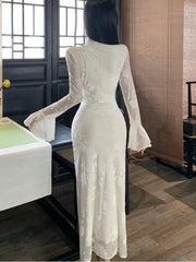 Lunivop  Elegant Flare Sleeve Long Dresses for Women New Autumn V-Neck Slim Wedding Runway Party Lace Vestidos Vintage Clothing Long Robe