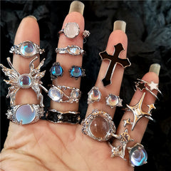 Lunivop Punk Hip Hop Moonlight Stone Crystal Star Cross Ring Women Men Vintage Goth Cool Aesthetic Kpop Grunge Y2K EMO Jewely Accessory