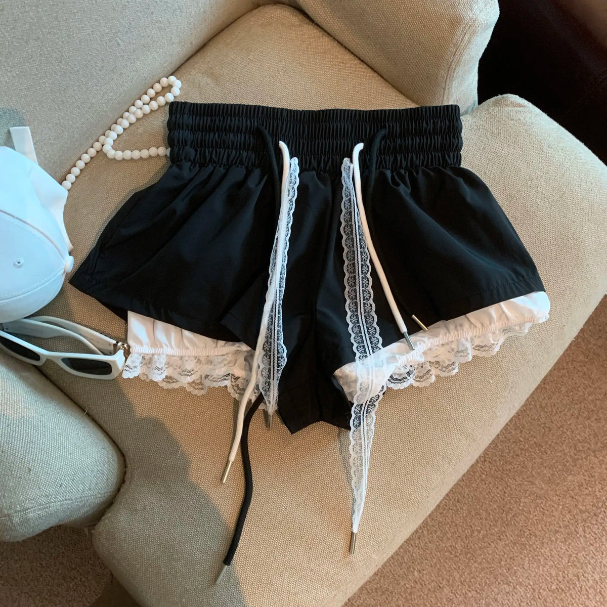 Lunivop  Fake Two Pieces Lace Patchwork Ball Gown Shorts Bud Sweet Spice Girls Small Fellow Pantalones A-line Casual Slim Pantalon
