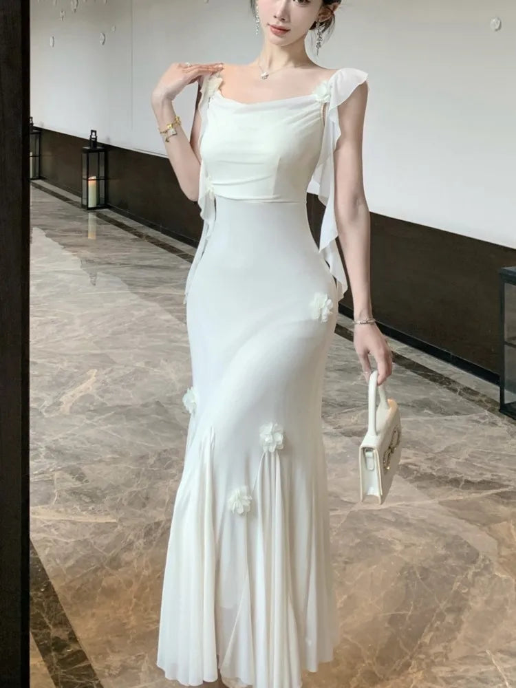 Lunivop Fashion Slim Wasit Bodycon Evening Women Dresses New Flying Sleeve Korean  Sexy Elegant Mesh Solid Flowers Mermaid Dress