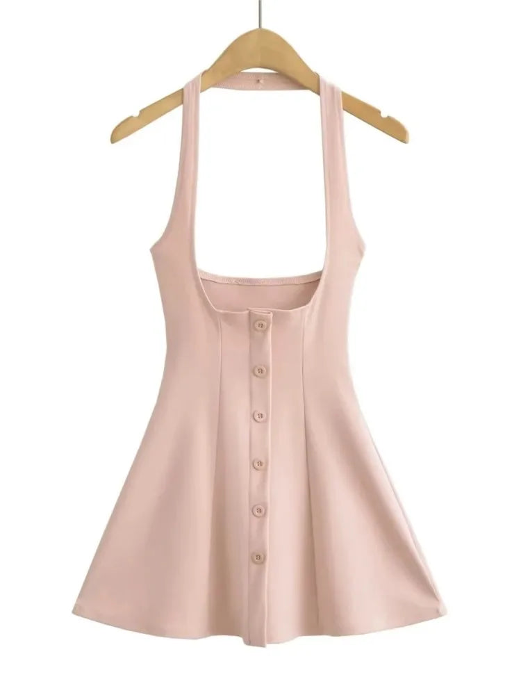 Lunivop  Sexy Women Slim Waist Open Buttons A-Lined Swing Party Robe Vestidos Summer Halter Slash Collar Backless Mini Dresses