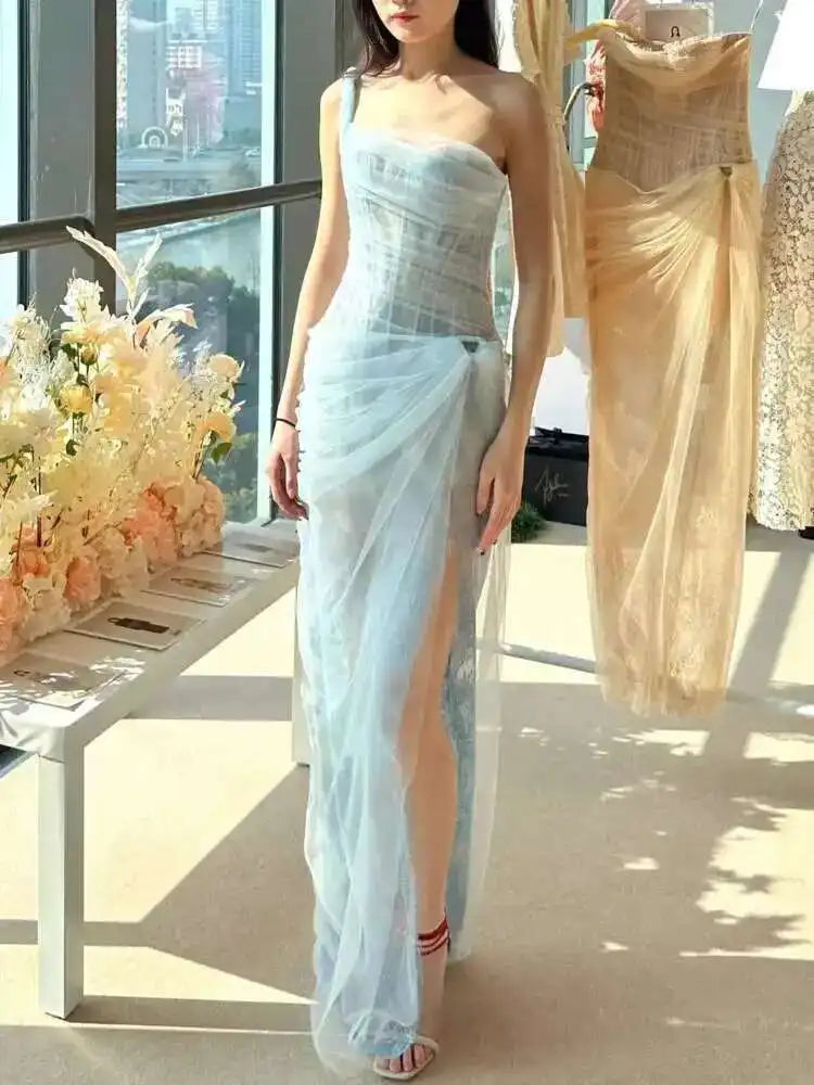 Lunivop Mesh Dress For Vacation,single Straps High Waist Long Vestido,pullover Sheer Fake Two Pieces Party Dresses