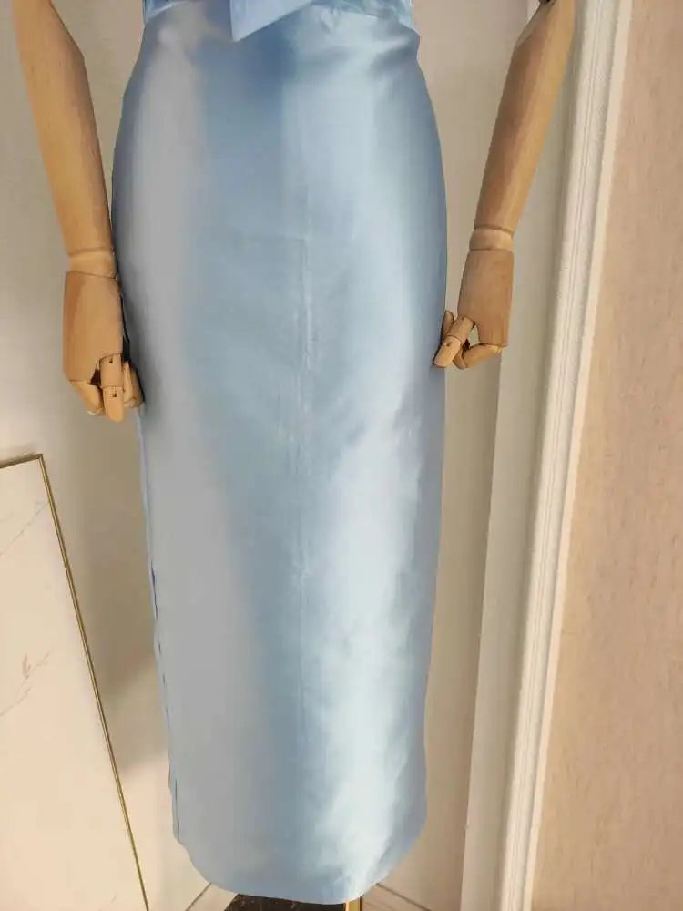 Lunivop Bow Solid Color Luxury Dresses For Women Elegant Short Sleeve High Split Zipper Slim Dress Female 2025 New Clothing