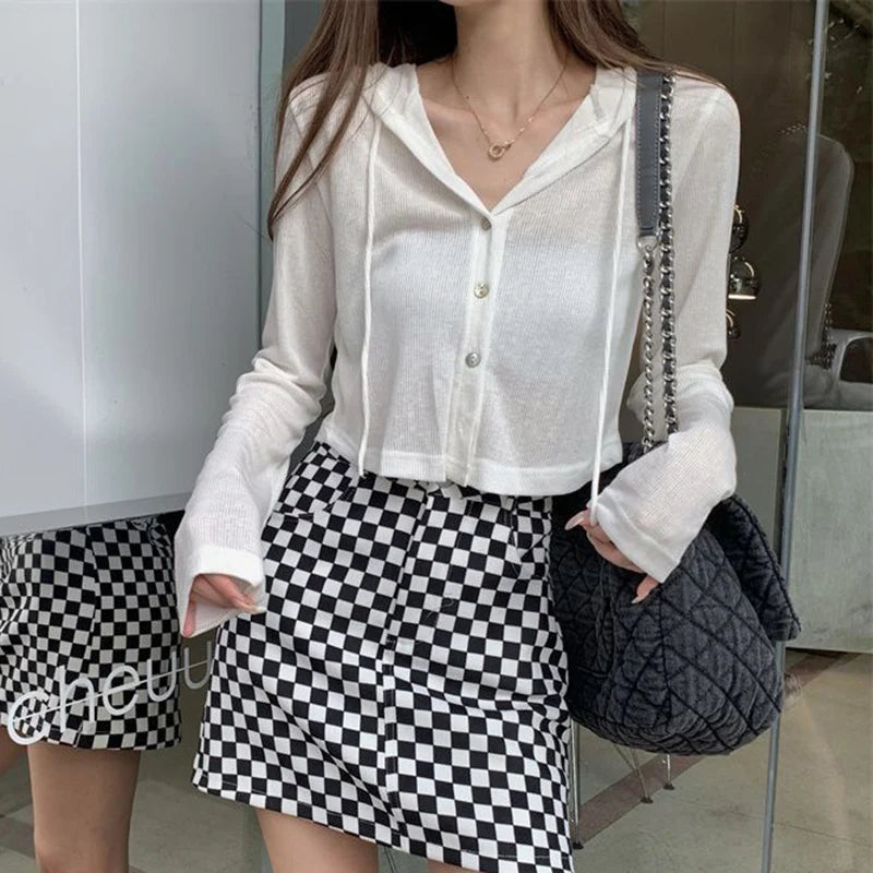 Lunivop Rimocy Summer Knitted Hooded Cardigan Women Korean Streetwear Single Breasted Crop Tops Woman Solid Long Sleeve Knitwear Top