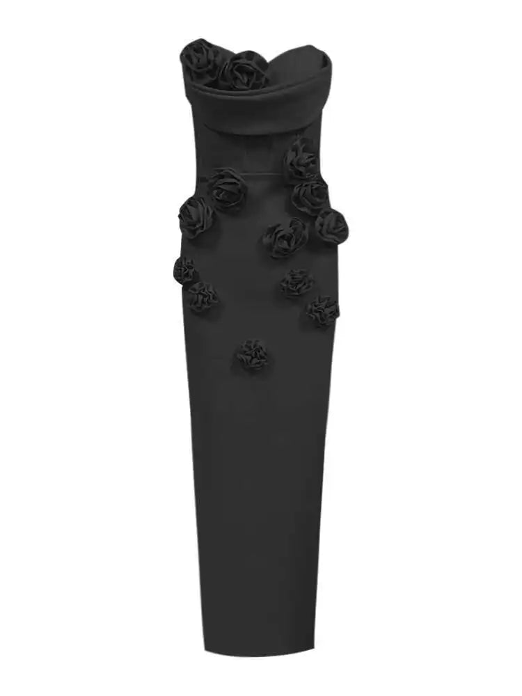 Lunivop Solid 3D Flowers Spliced Design Dresses Women's Strapless Sleeveless High Waist Slim Elegant Dress Autumn 2025 New