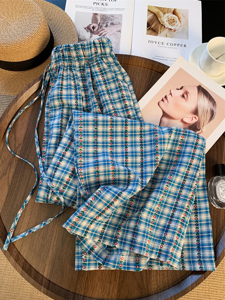 Lunivop Floral Sweet Plaid Pant Women Vintage Loose High Waist Casual Straight Trousers Summer Retro Korean Female Wide Leg Pants
