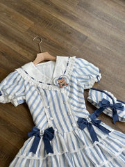 Lunivop  Sweet Cute Sailor Collar Striped Bow Dresses Slim Waist Cake Dress for Women Summer New Short Sleeve Vestidos Mujer