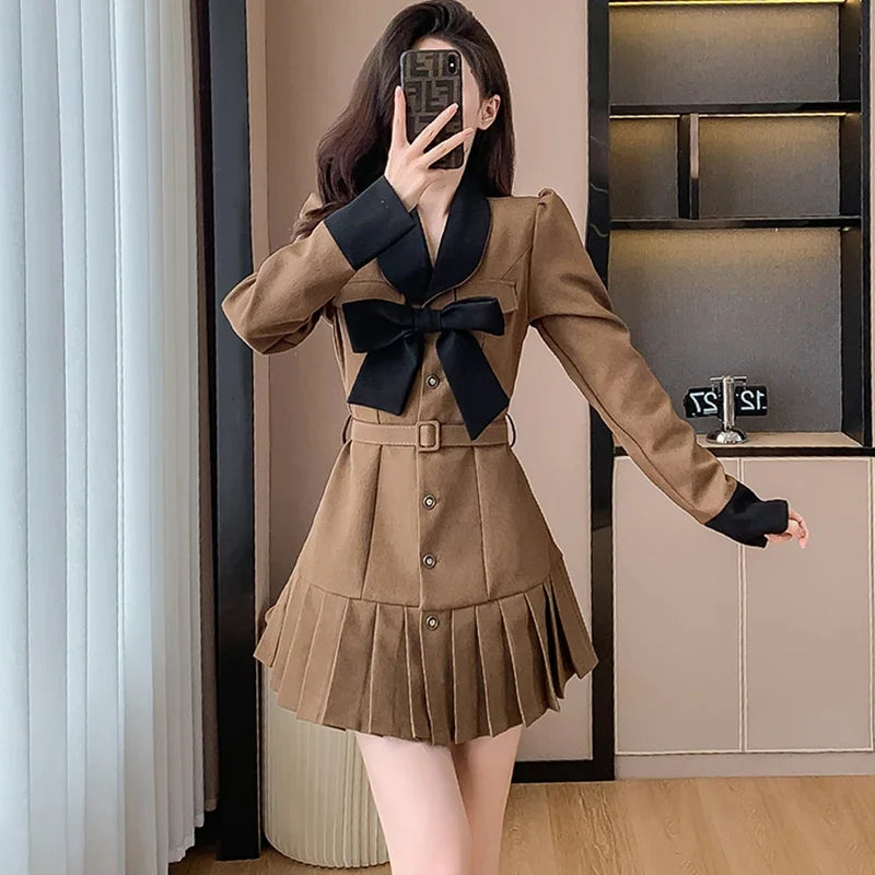 Lunivop  New Chic Bow Y2k Mini Pleated Dress Women Long Sleeve Bodycon Casual Prom Clothes Autumn Winter Korean Elegant Party Dress