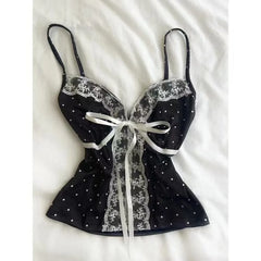 Lunivop  French Style Sexy Sleeveless Sling Tanks Lace Up Polka Dot Slim Crop Top Korea Chic All-match Gentle Casual Sweet New Tee