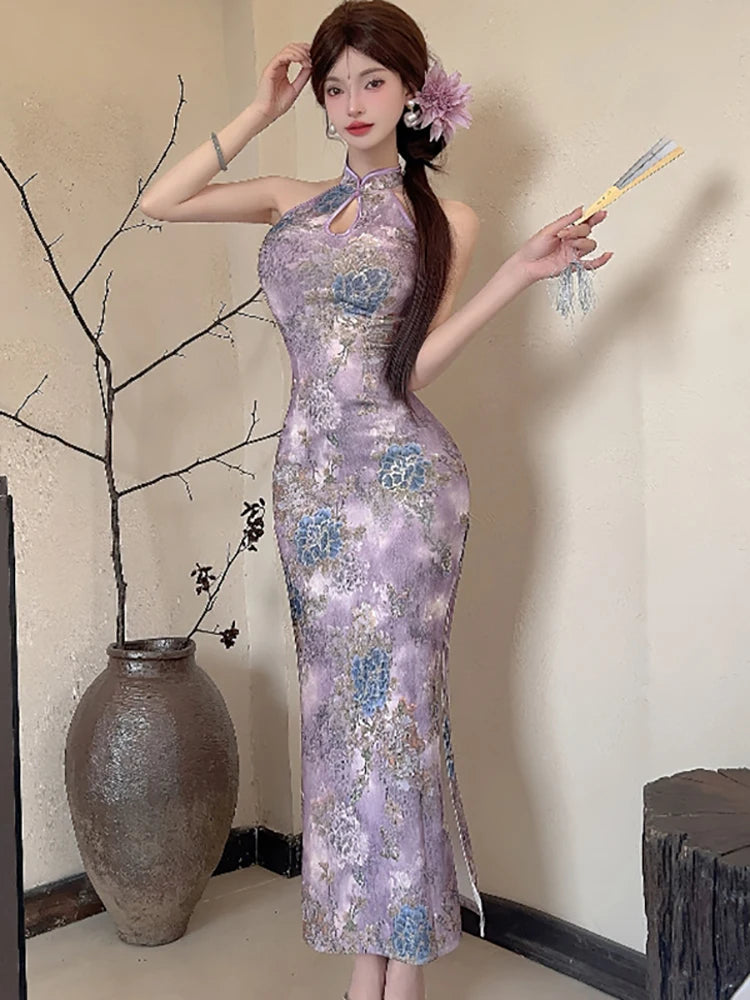 Lunivop  Summer Purple Floral Stand Collar Cheongsam Dress Women Korean Luxury Elegant Dress Gown 2025 Vintage Bodycon Party Night Dress