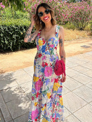 Lunivop Elegant Flower Print Backless Strap Dress Women Sexy Chic Sleeveless Ruffles Maxi Dress Female Summer Holiday Beach Robes