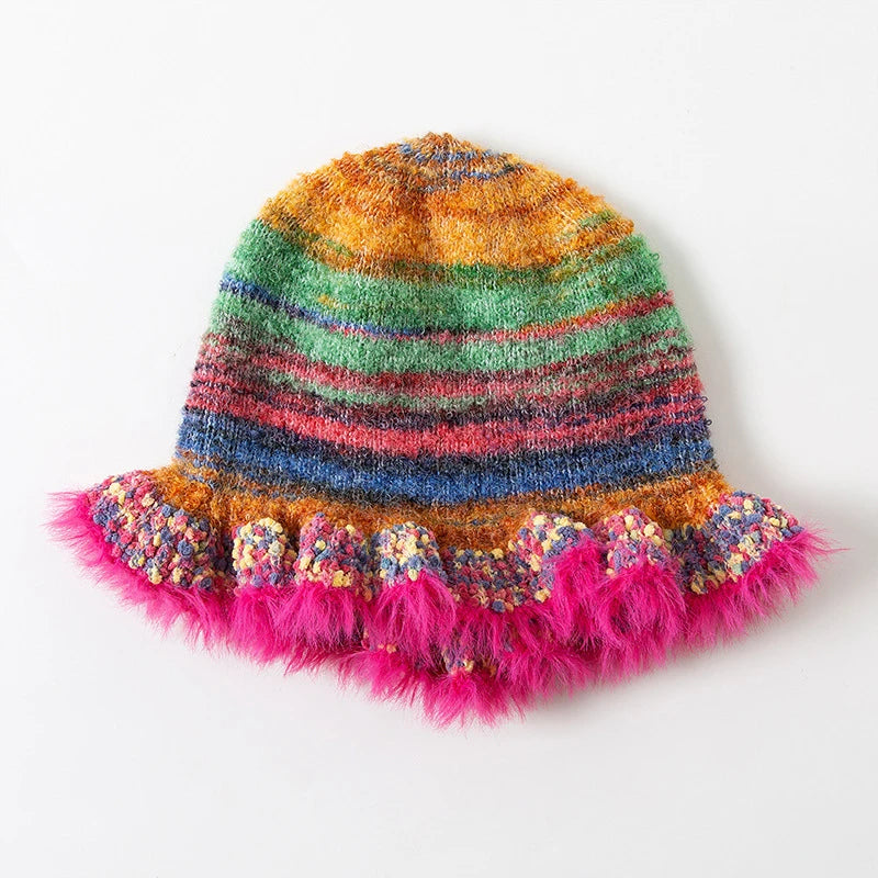 Lunivop Rainbow Knitted Hat Dopamine Fashion Retro Gradient Contrast Plush Ruffle Warmth Striped Oil Painting Woolen Fisherman Cap Decor