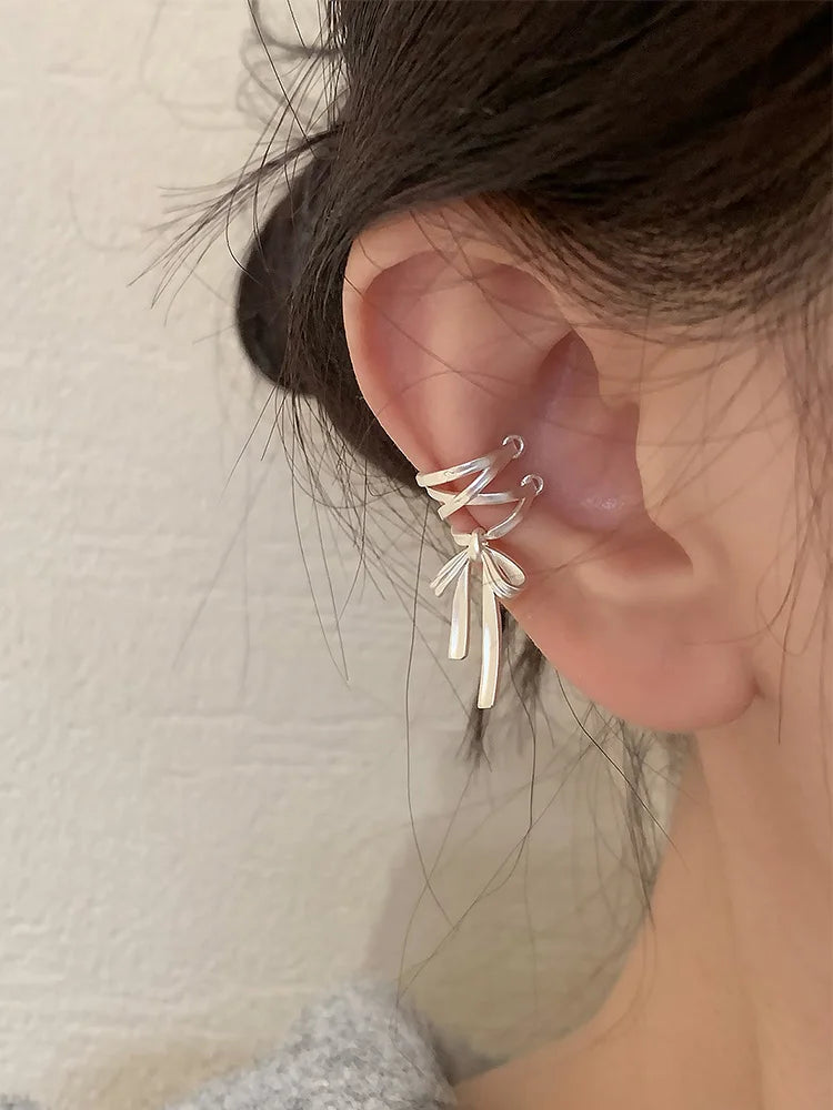 Lunivop Korean Fashion White Ribbon Bow Exquisite Copper Earrings for Women Simple Elegant Ear Clip Party Jewelry Wedding Gifts