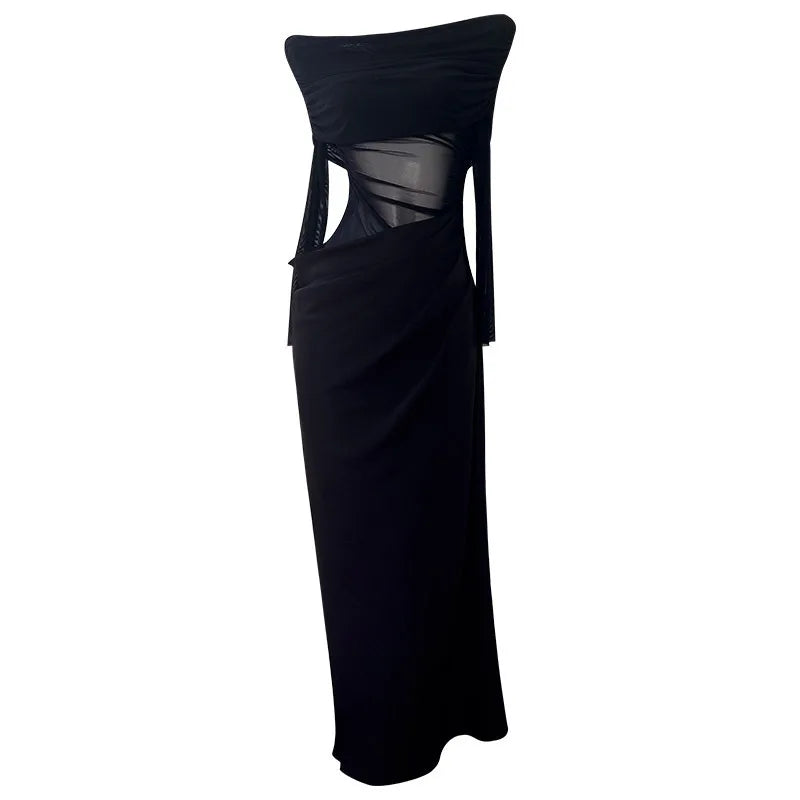 Lunivop  Fashion Mesh Hollow Out Dress Women's Slash Neck Long Sleeve Waist Retraction Dresses 2025 Summer New Tide