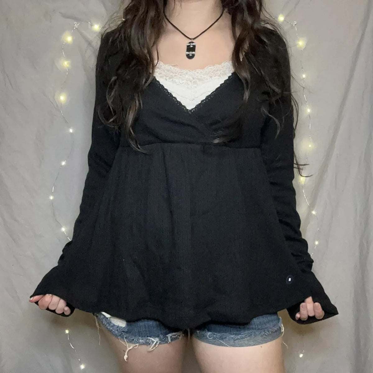 Lunivop  Preppy Fake 2 Piece Lace Trim Long Sleeve Pullovers Tees Cottage Bandage Babydoll T-shirt Women Autumn Vintage Y2k Crop Tops