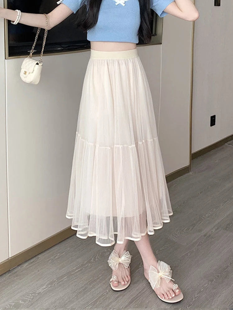 Lunivop Elegant Tulle Midi Skirt Women Sweet High Waist Mesh Pleated Skirts Korean Fashion Loose Cute Solid Casual A Line Skirt New