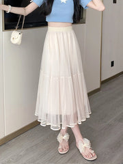 Lunivop Elegant Tulle Midi Skirt Women Sweet High Waist Mesh Pleated Skirts Korean Fashion Loose Cute Solid Casual A Line Skirt New