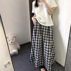 Lunivop Plaid Long Skirt Women Vintage Ruffle Kawaii Midi Skirt Preppy Style Korean Fashion Loose Casual A-line Retro Skirts