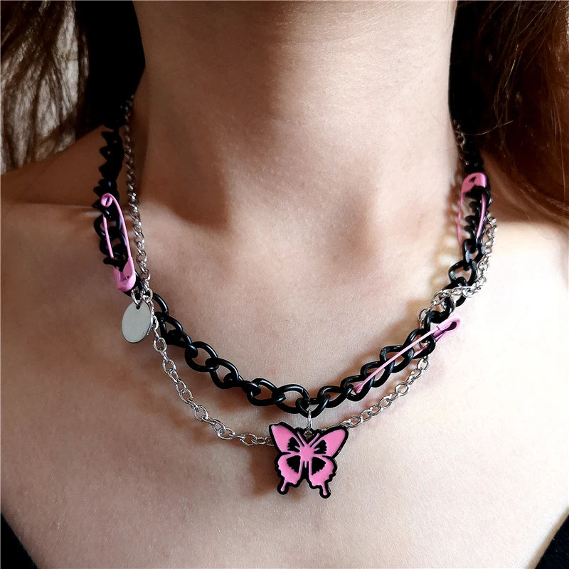 Lunivop Punk Pink Butterfly Star Cross Rope Chain Choker Necklace For Egirl Y2k EMO Goth Harajuku Aesthetic Grunge Jewelry Accessories