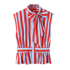 Lunivop  Bow Tie Neck Sleeveless Striped Blouse Women Ruffle Hem Shirt Summer Tops