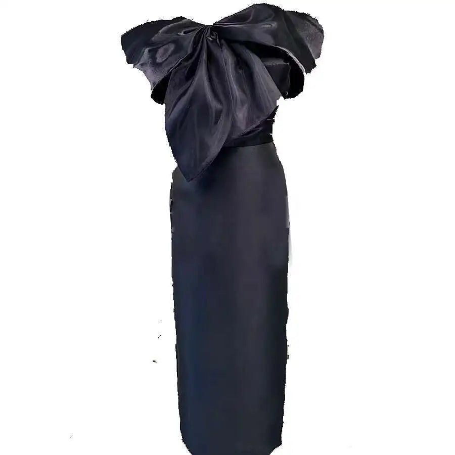Lunivop Bow Solid Color Luxury Dresses For Women Elegant Short Sleeve High Split Zipper Slim Dress Female 2025 New Clothing