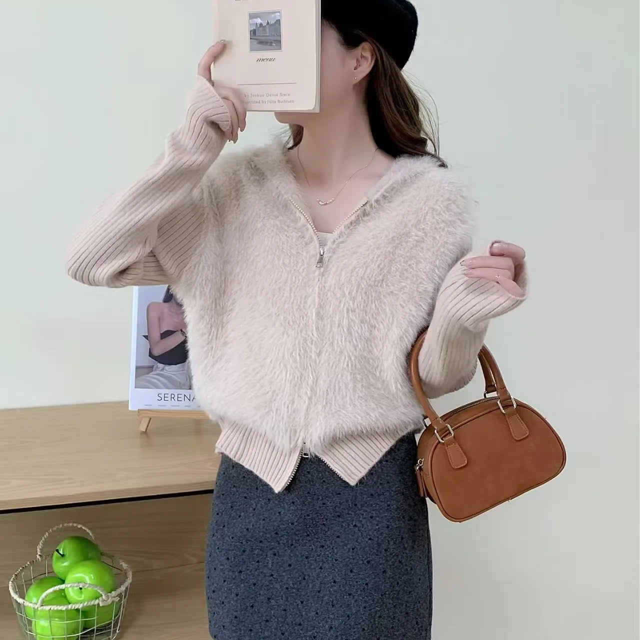 Lunivop Fuzzy Sweater Hoodie Zip-Up Mohair-Knit Cardigan Women Long Sleeve Hooded Crop Top Knitwear Fall Winter Teen-girl Y2K Outfit