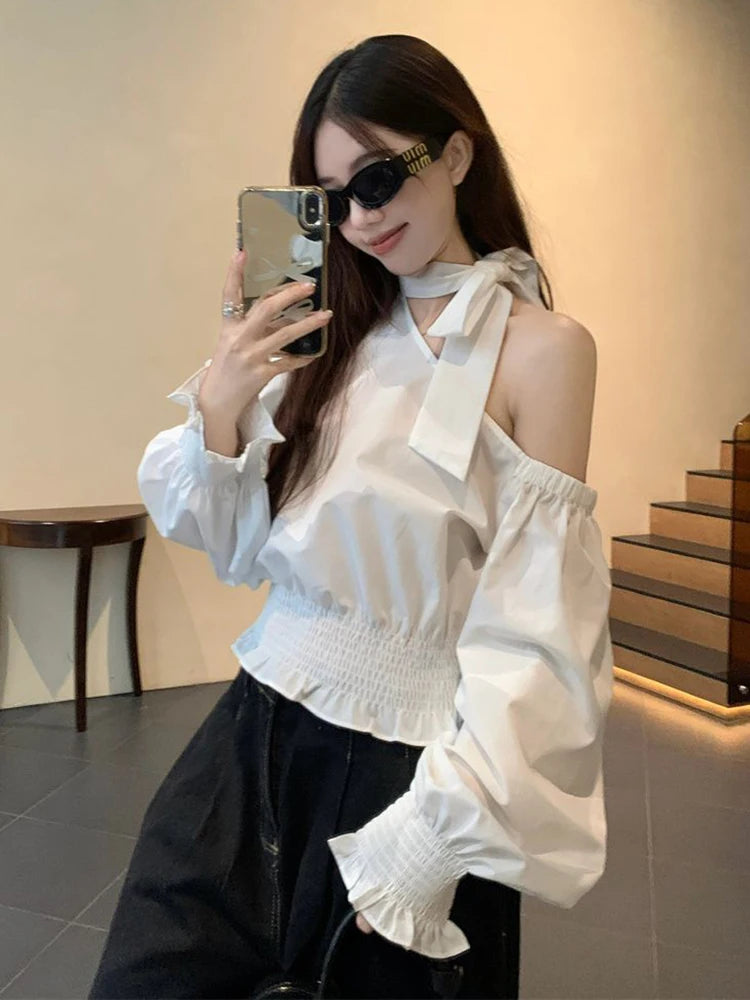 Lunivop   Sexy Off Shoulder White Shirt Women Elegant Halter Flare Sleeve Blouse Spring Korean Fashion Hollow Out Lace Up Sweet Tops