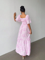 Lunivop  Pink Ditsy Floral Short Sleeve Maxi Dress For Summer Beach Vacation Festival