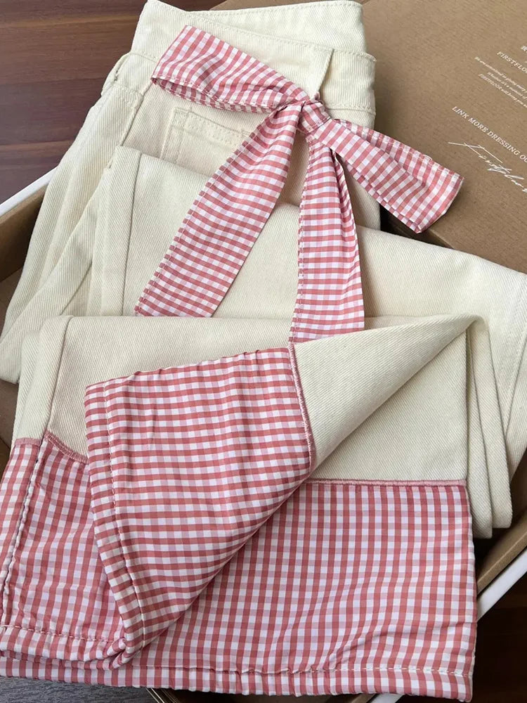 Lunivop Plaid Patchwork Sweet Jeans Women Elegant Bow High Waist Denim Pant Fall Winter Loose Casual Female Fashion Wide Leg Trousers