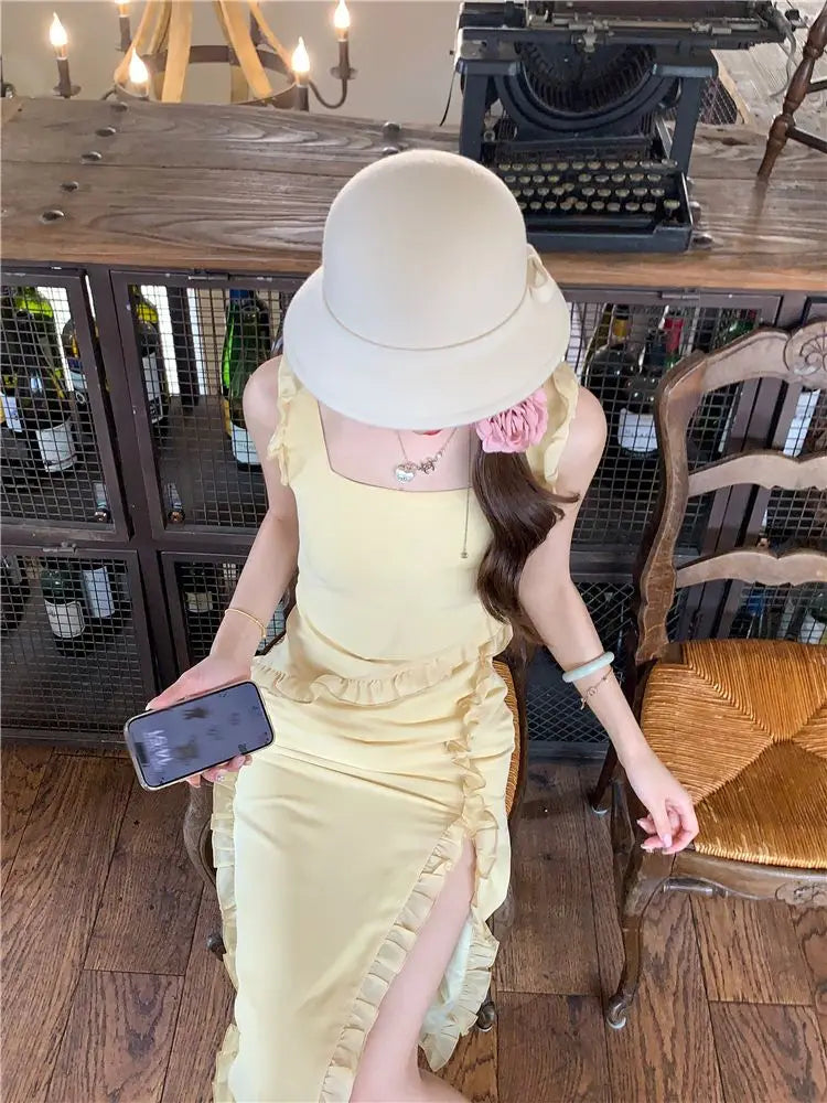 Lunivop  Elegant Dresses Women Sleeveless Ruffles Patchwork Split Bandage Summer Fashion Sweet Female Dress Holiday Casual