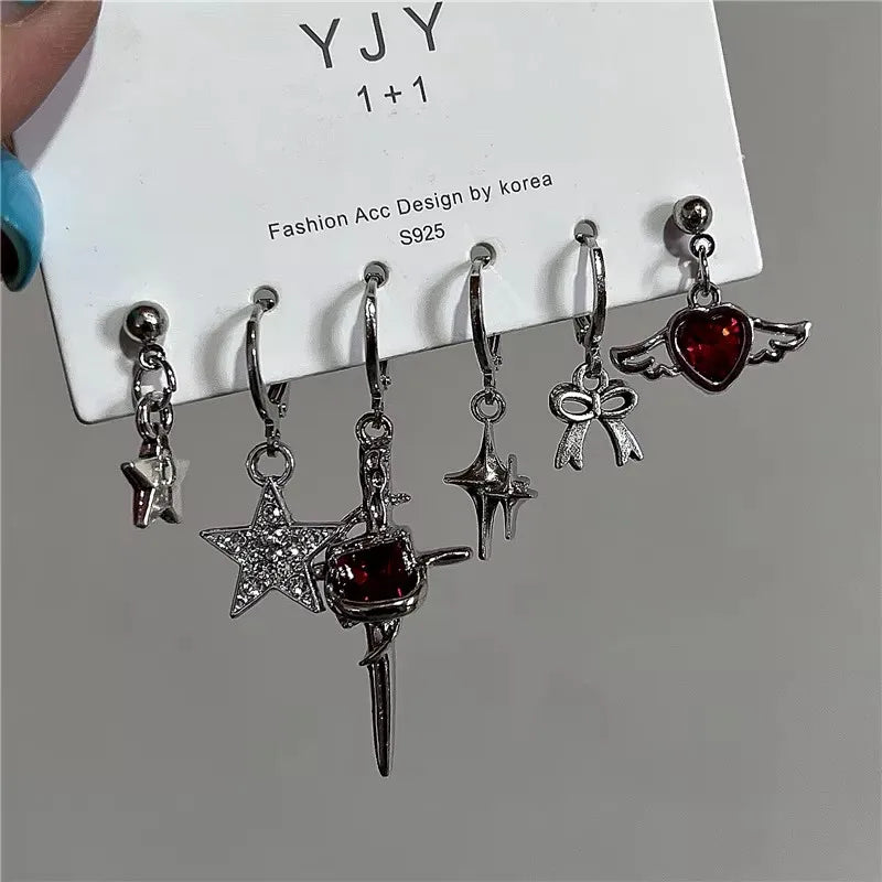 Lunivop Goth Red Crystal Star Cross Earring Set for Women Girl Vintage Aesthetic Heart Pendant Earring Trendy Y2K Jewelry Accessories