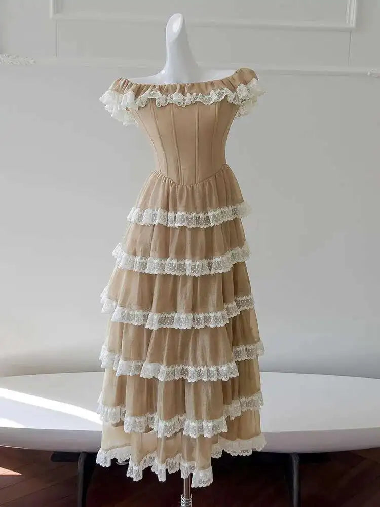 Lunivop Mesh Lace Spliced Long Dresses For Women Slash Collar High Waist Sleeveless Elegant Dress Female 2025 New Clothing
