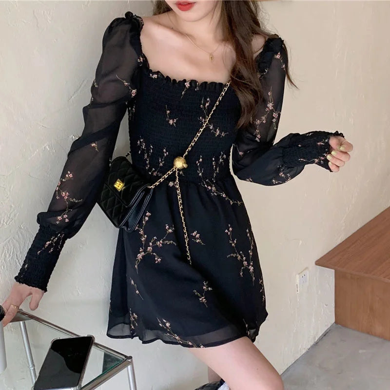 Lunivop  Women Sexy Black Chiffon Dress Spring Vintage Flower Long Puff Sleeve Dresses Korean Casual Mini Vestidos Elegant  Clothes